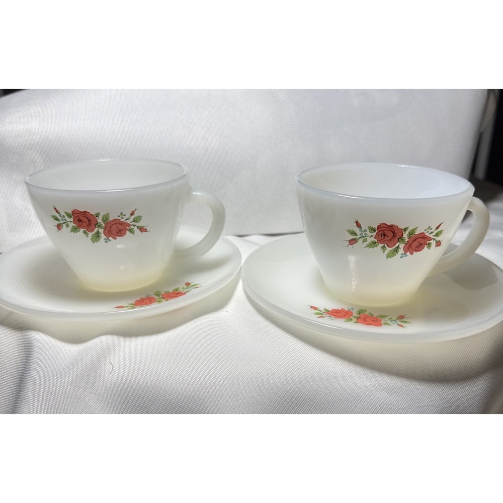 2 Vintage Fire King ROSES Premium Cup & Saucer Sets-4 Pcs-EXC-A+‎ Cond